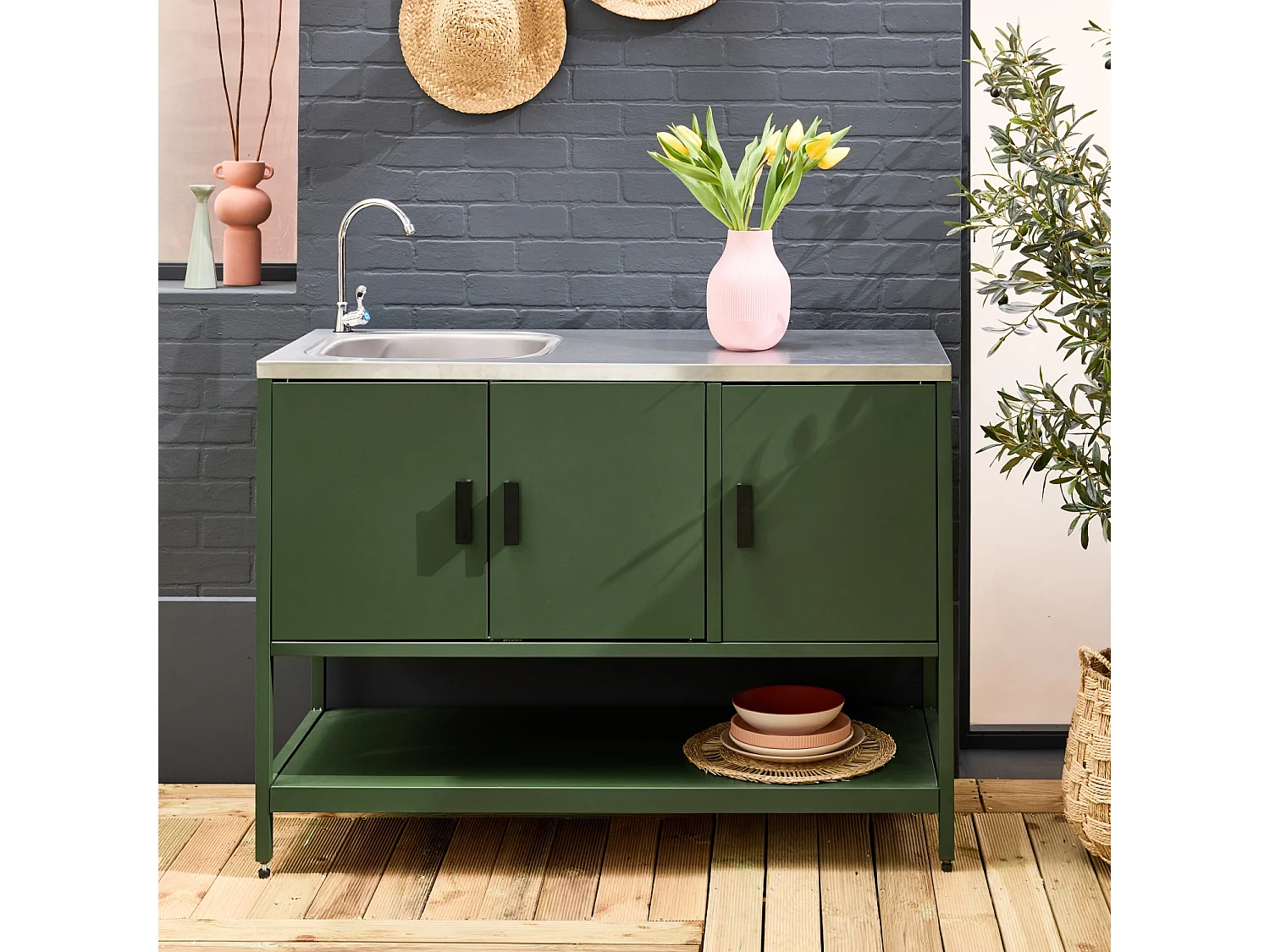 Cocina exterior de acero con lavabo, 120cm verde