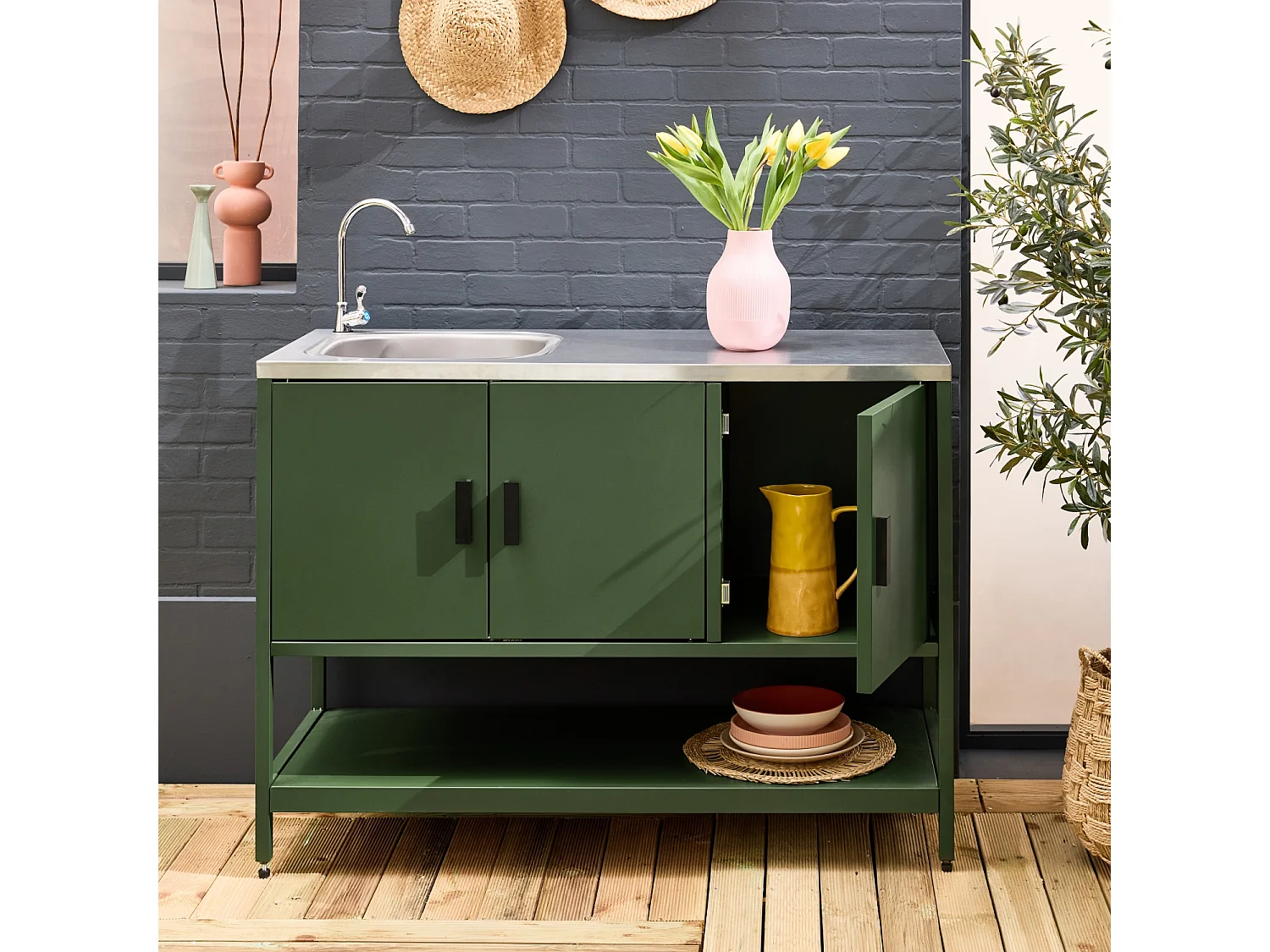 Cocina exterior de acero con lavabo, 120cm verde