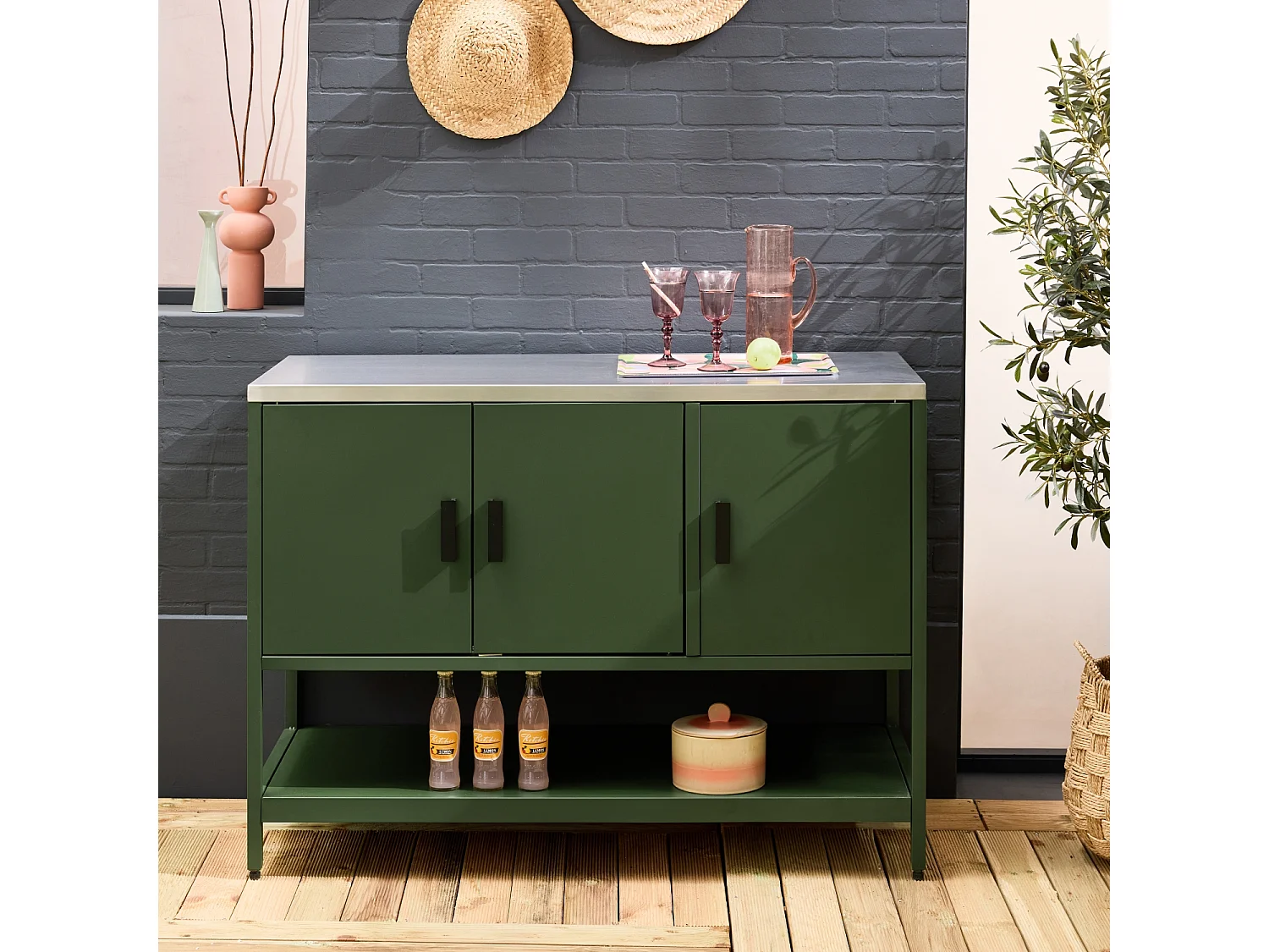 Cocina exterior de acero 3 puertas, 1 estante, 120cm verde