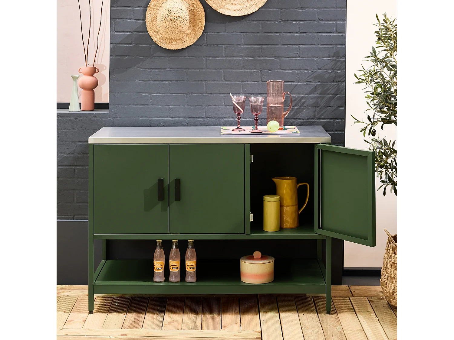 Cocina exterior de acero 3 puertas, 1 estante, 120cm verde