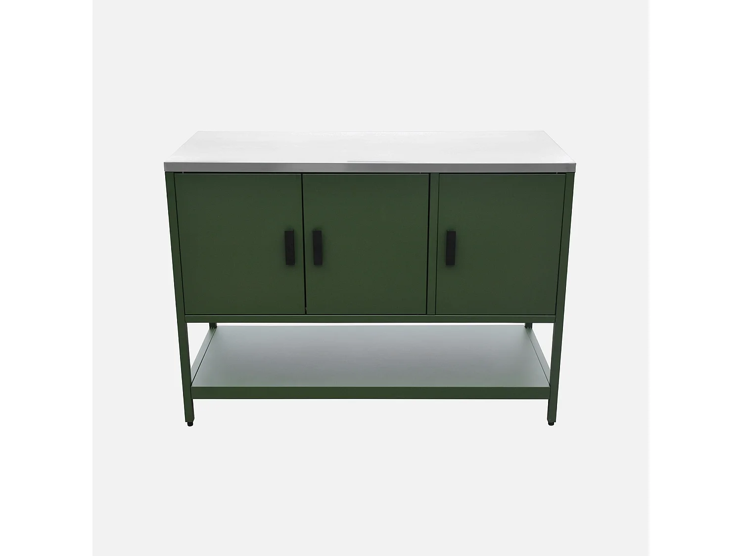 Cuisine d'extérieure en acier vert 3 portes.1 étagère L120cm