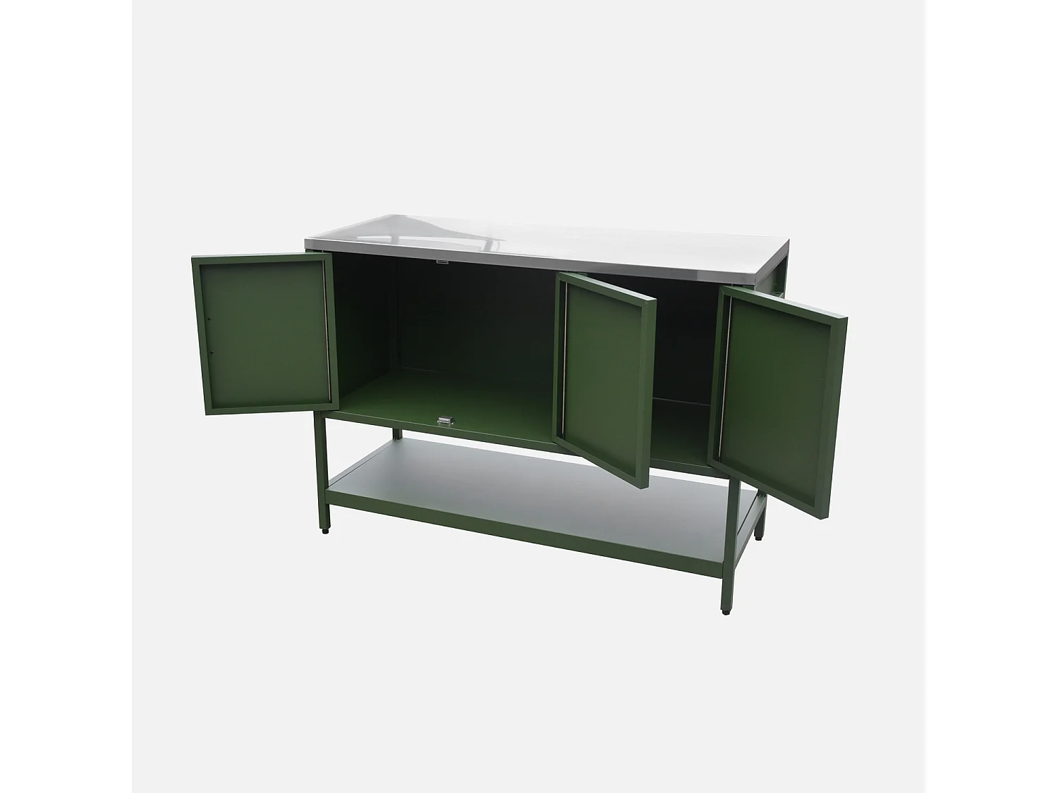 Cuisine d'extérieure en acier vert 3 portes.1 étagère L120cm