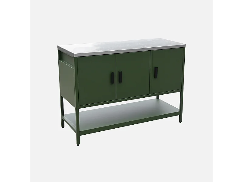 Cuisine d'extérieure en acier vert 3 portes.1 étagère L120cm