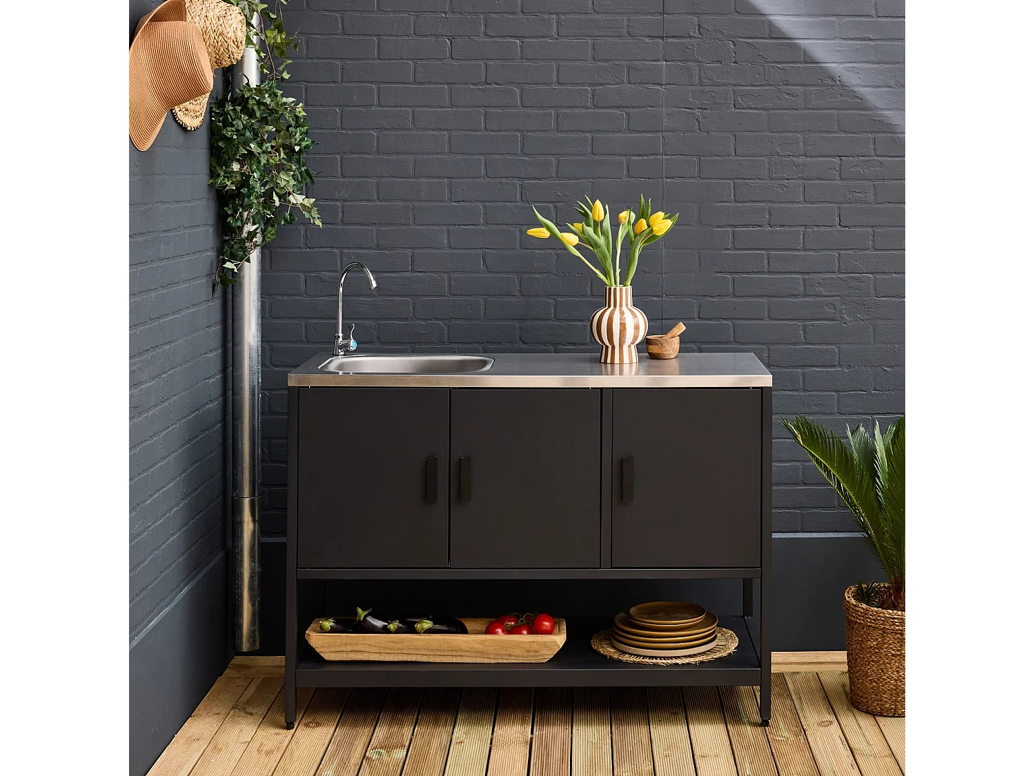 Cocina exterior de acero con lavabo, 120cm negro