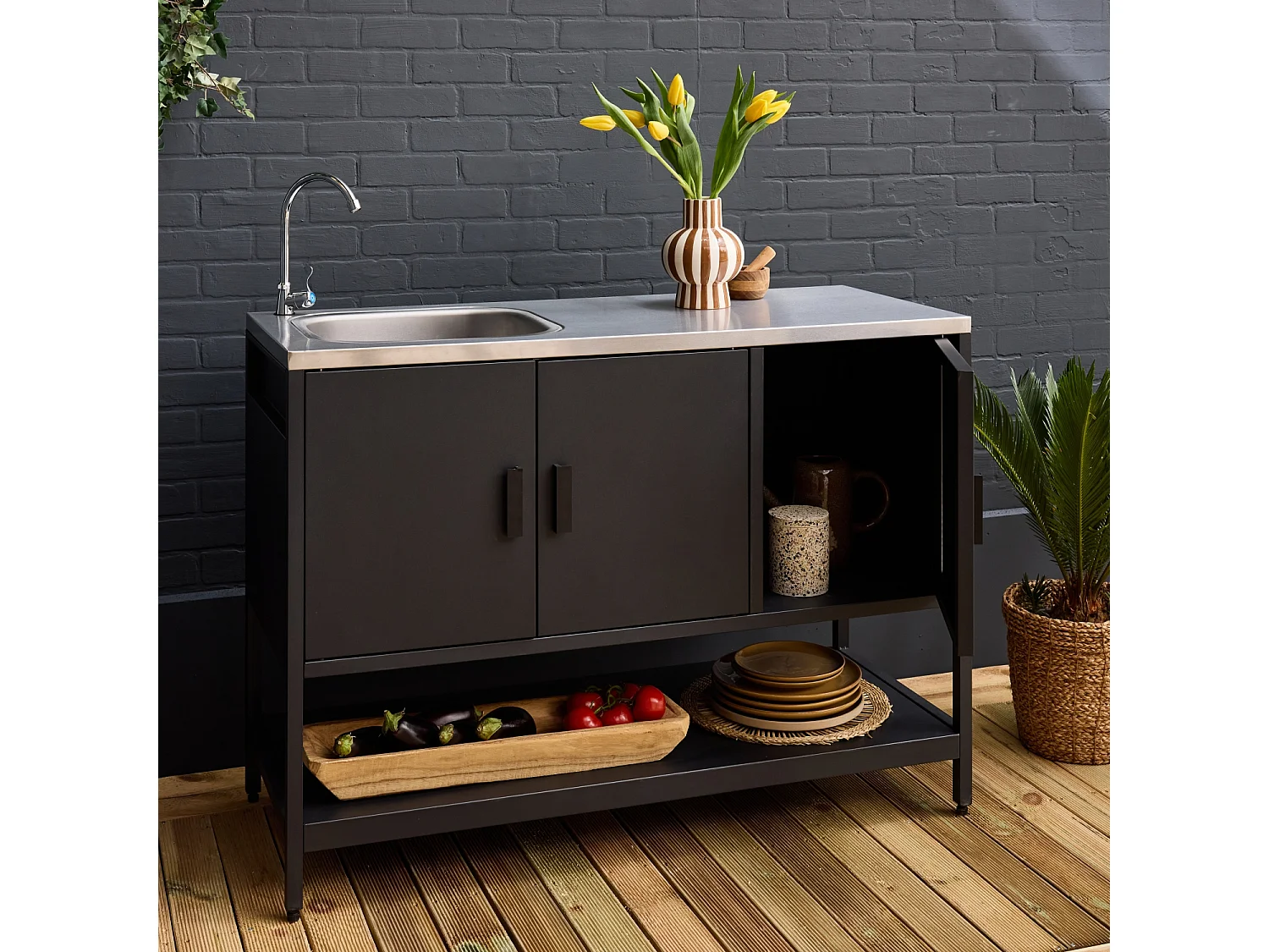 Cocina exterior de acero con lavabo, 120cm negro