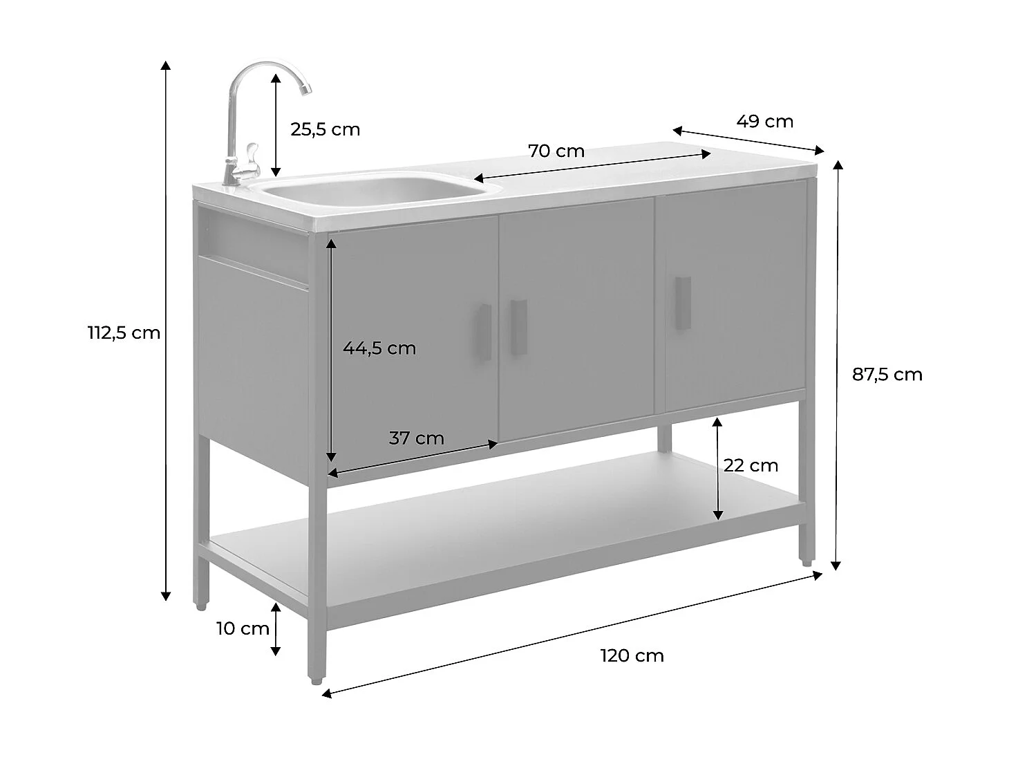 Cocina exterior de acero con lavabo, 120cm negro