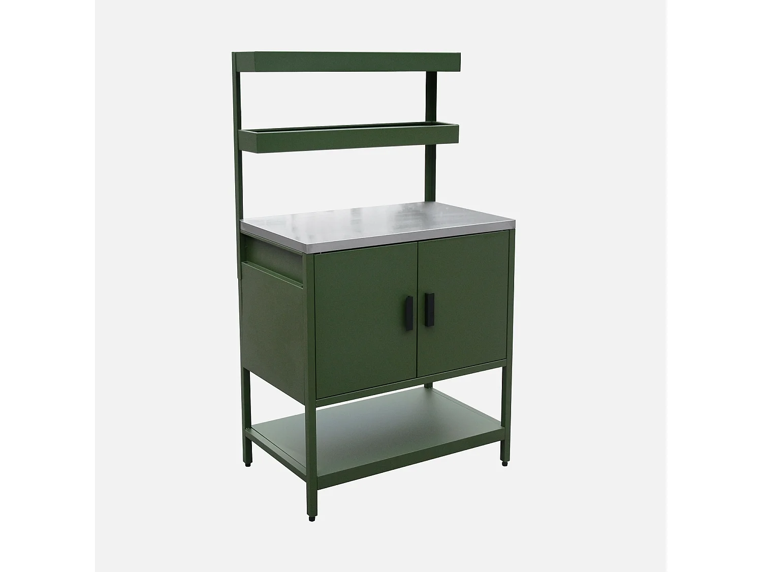 Cocina exterior de acero con 2 estanterías colgantes y 2 puertas