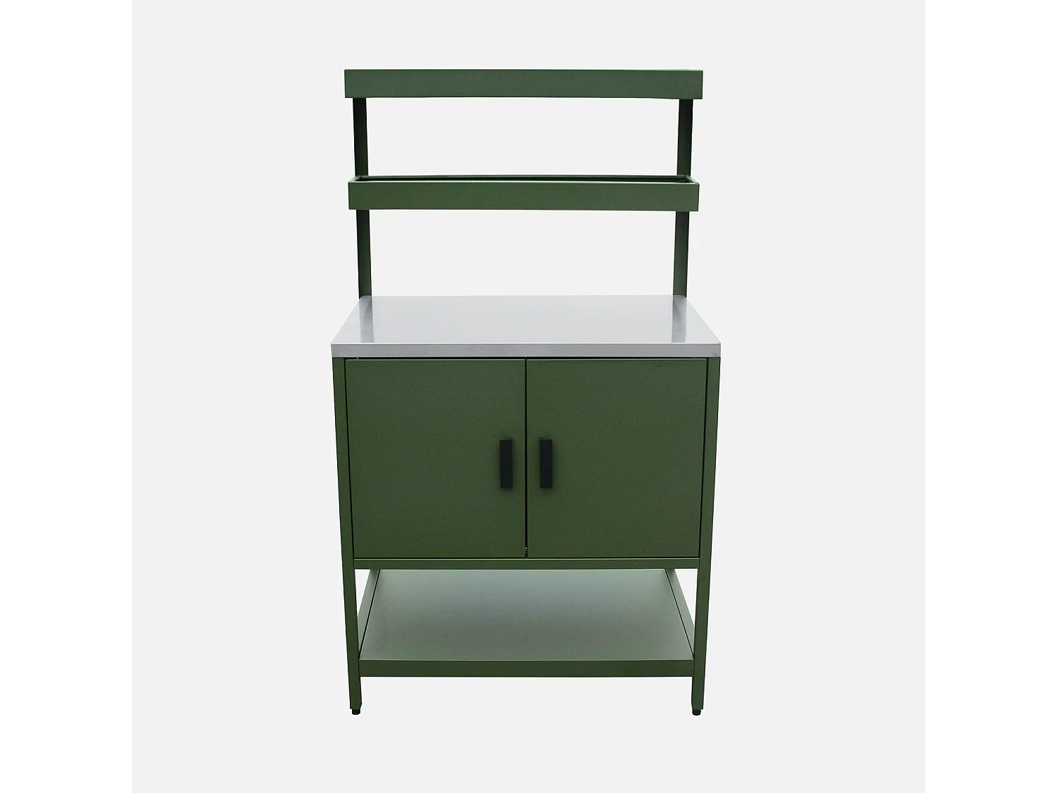 Cocina exterior de acero con 2 estanterías colgantes y 2 puertas