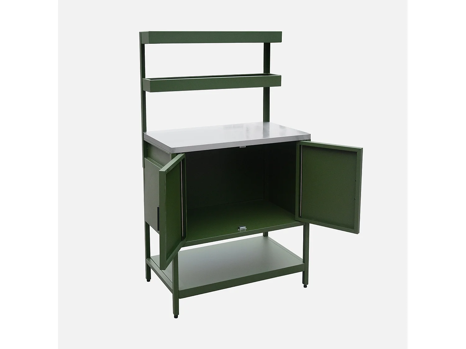 Cocina exterior de acero con 2 estanterías colgantes y 2 puertas