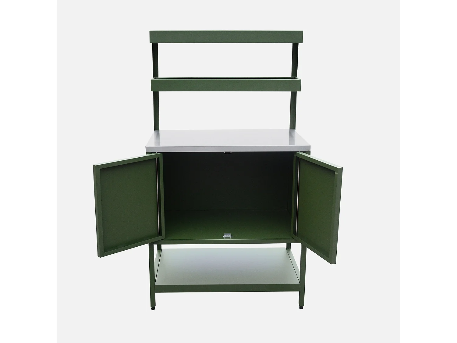 Cocina exterior de acero con 2 estanterías colgantes y 2 puertas