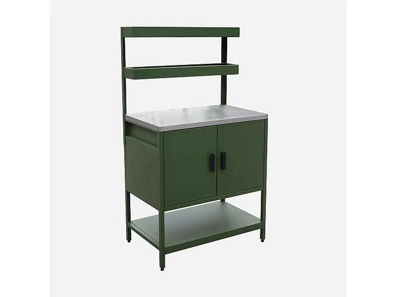 Cocina exterior de acero con 2 estanterías colgantes y 2 puertas