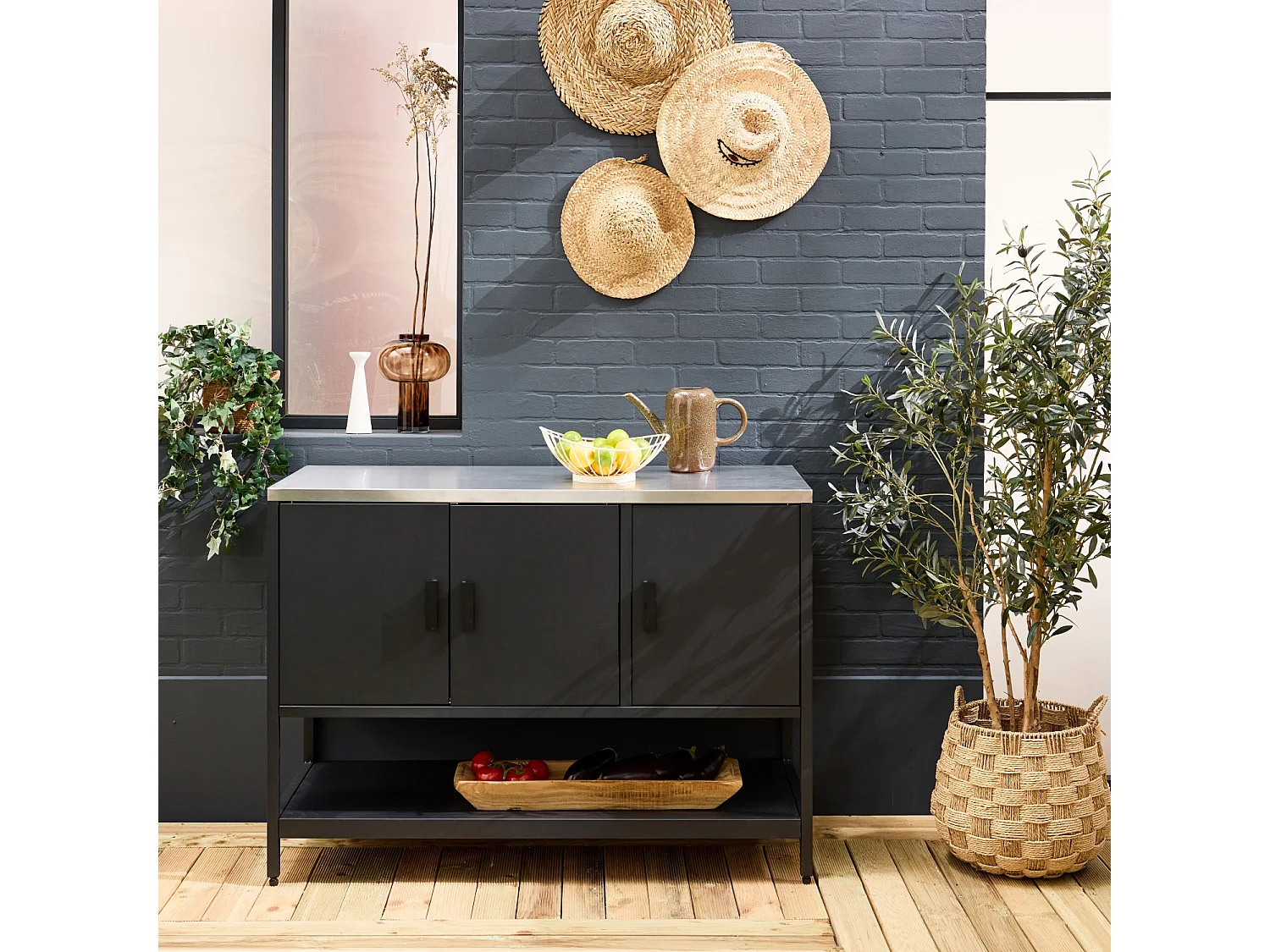 Cocina exterior de acero 3 puertas, 1 estante, 120cm negro