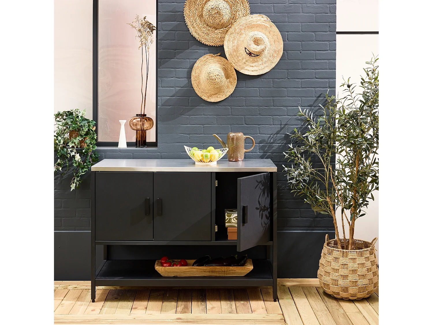 Cocina exterior de acero 3 puertas, 1 estante, 120cm negro