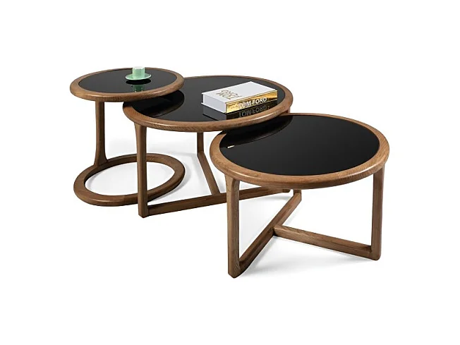 Tavolino da caffè Messina-Set/vetro/MDF/Marrone&Nero