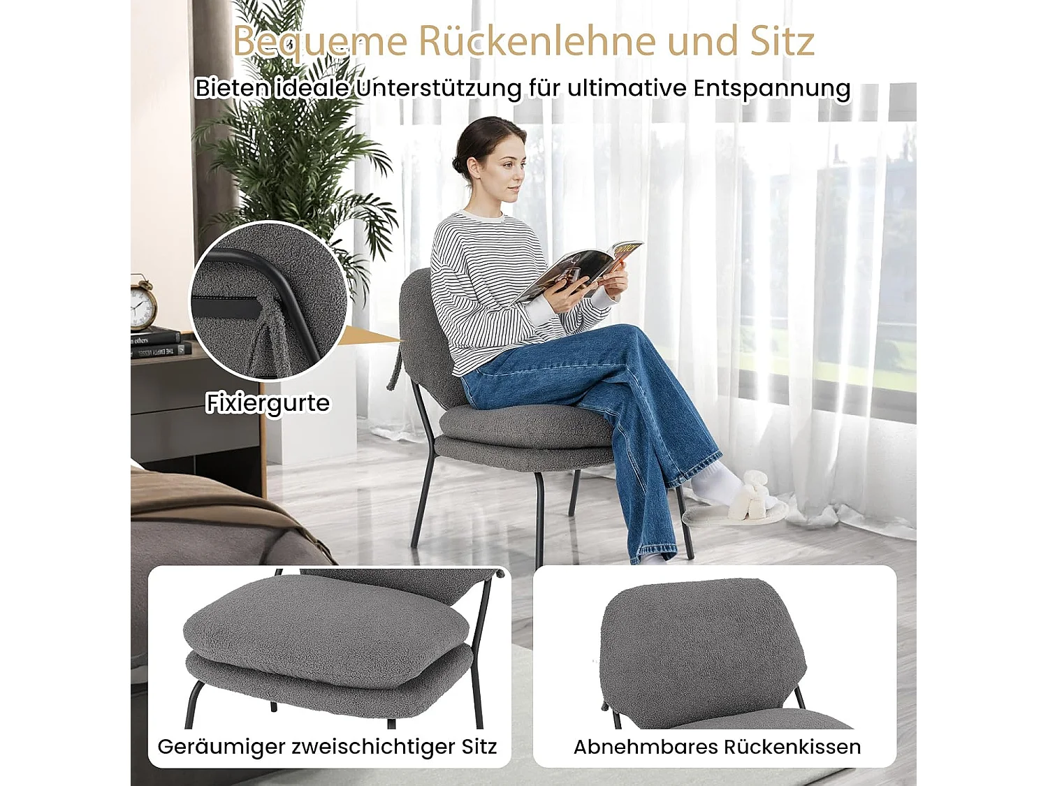 Eetkamerstoel, accentstoel met overtrek van teddyfleece, hoge rug, gestoffeerde stoel, zithoogte 48 cm, woonkamerstoel, keukenstoel, tot 145 kg belastbaarVH34542