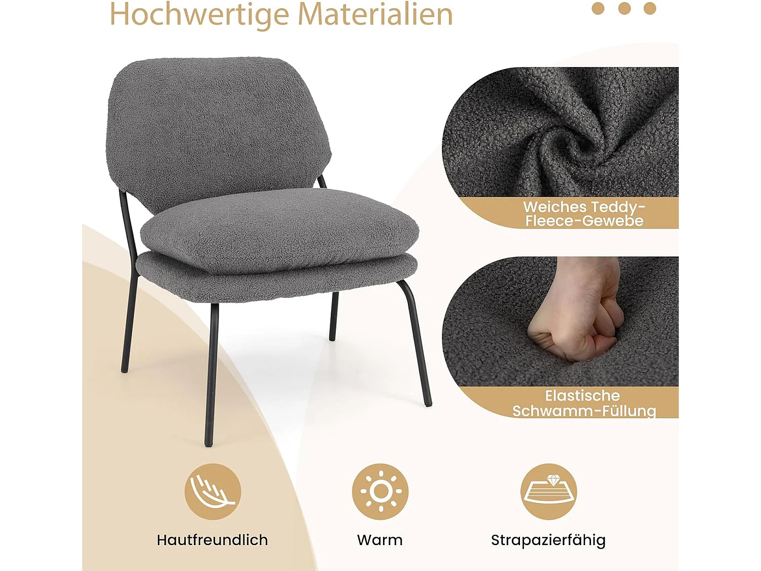 Eetkamerstoel, accentstoel met overtrek van teddyfleece, hoge rug, gestoffeerde stoel, zithoogte 48 cm, woonkamerstoel, keukenstoel, tot 145 kg belastbaarVH34542