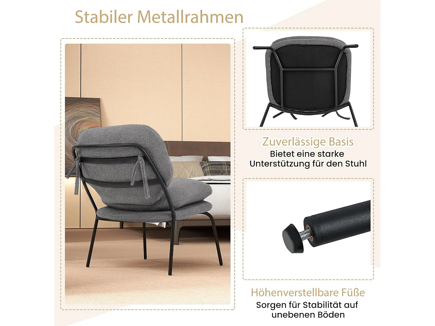 Eetkamerstoel, accentstoel met overtrek van teddyfleece, hoge rug, gestoffeerde stoel, zithoogte 48 cm, woonkamerstoel, keukenstoel, tot 145 kg belastbaarVH34542