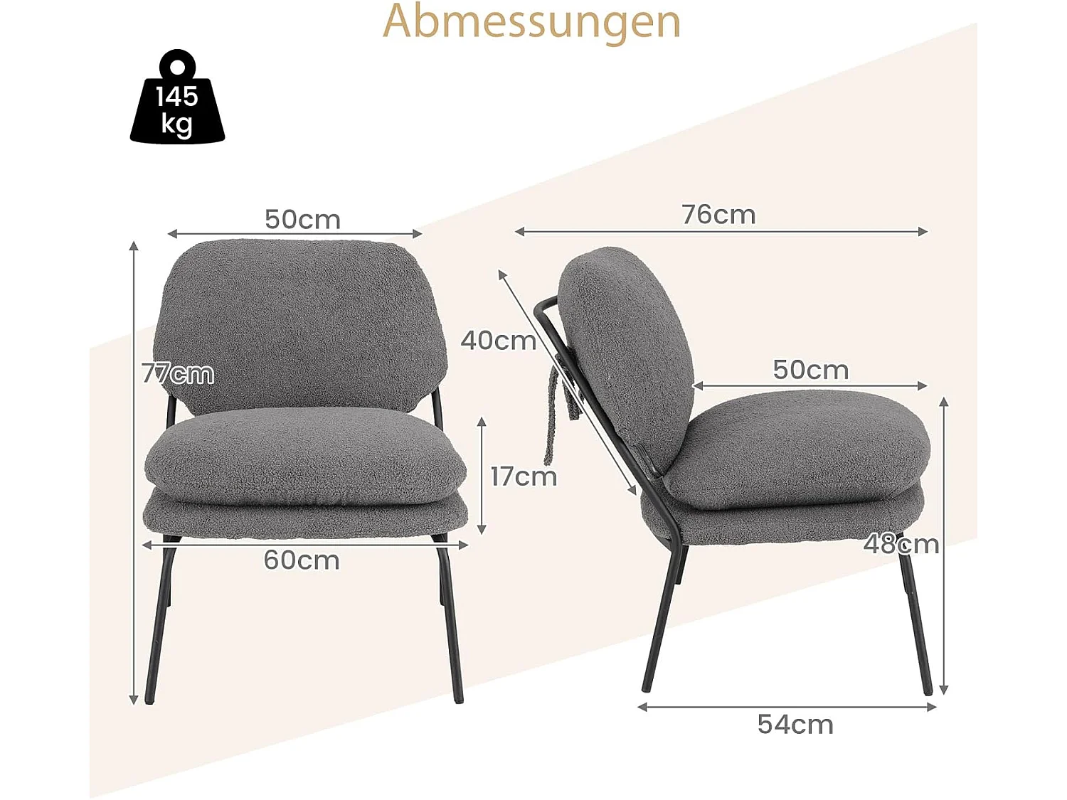 Eetkamerstoel, accentstoel met overtrek van teddyfleece, hoge rug, gestoffeerde stoel, zithoogte 48 cm, woonkamerstoel, keukenstoel, tot 145 kg belastbaarVH34542