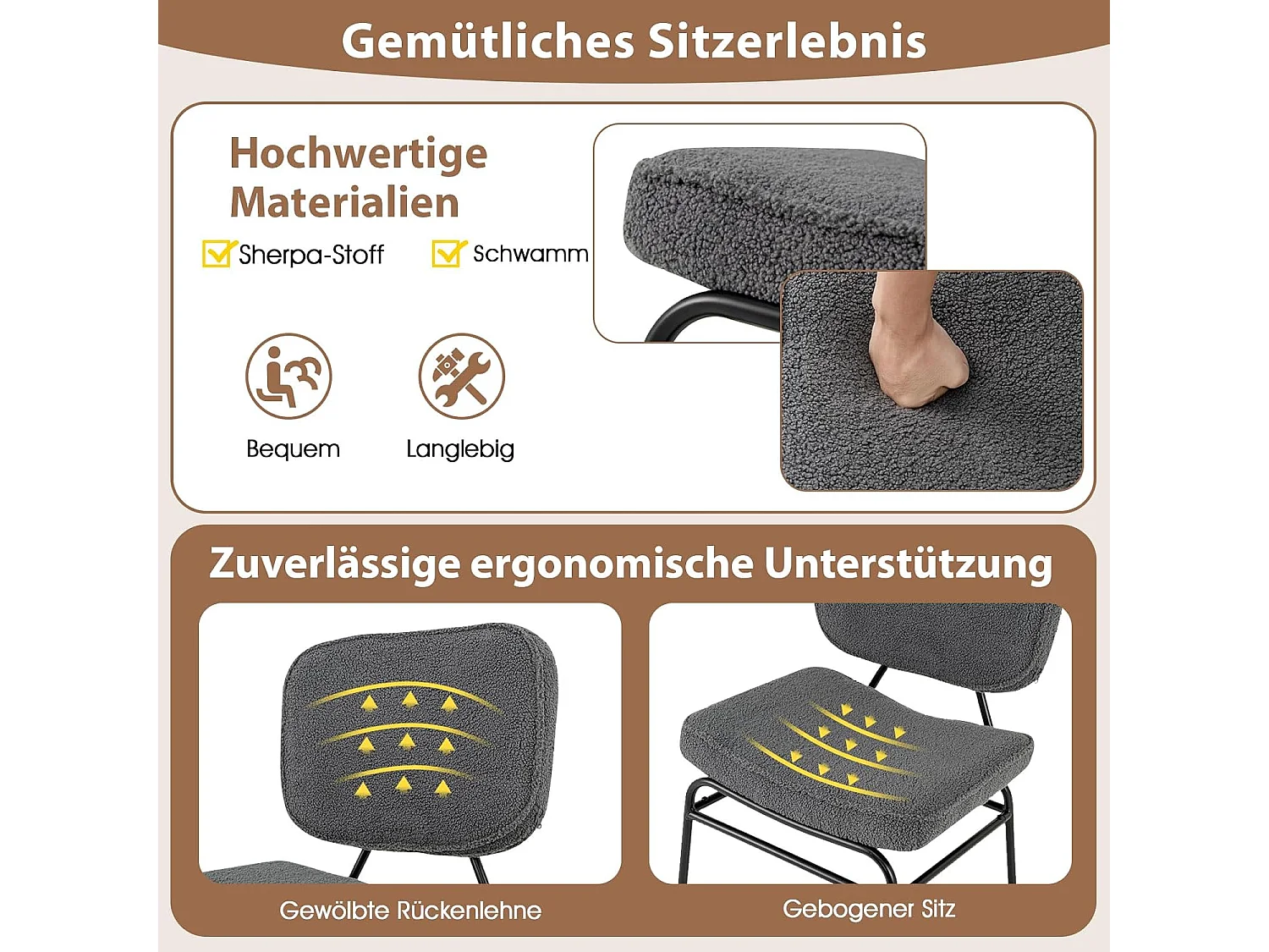 Eetkamerstoel, sherpa-keukenstoel met gebogen zitting en rugleuning, gestoffeerde stoel, belastbaar tot 150 kg, woonkamerstoel voor eetkamer,slaapkamerTH32829