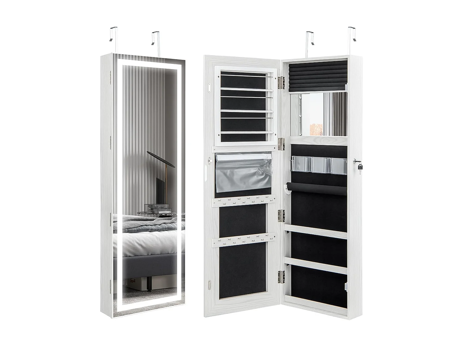 Sieradenkast hangend, spiegelkast afsluitbaar met driekleurige ledverlichting en binnenspiegel, make-upkast wandmontage voor slaapkamer, kleedkamer, witVH33464