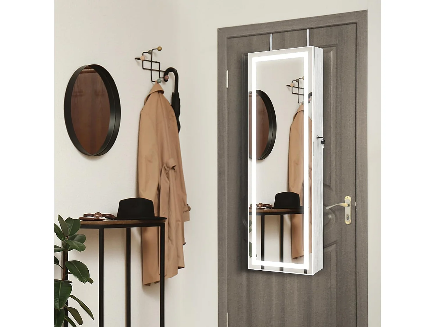 Sieradenkast hangend, spiegelkast afsluitbaar met driekleurige ledverlichting en binnenspiegel, make-upkast wandmontage voor slaapkamer, kleedkamer, witVH33464