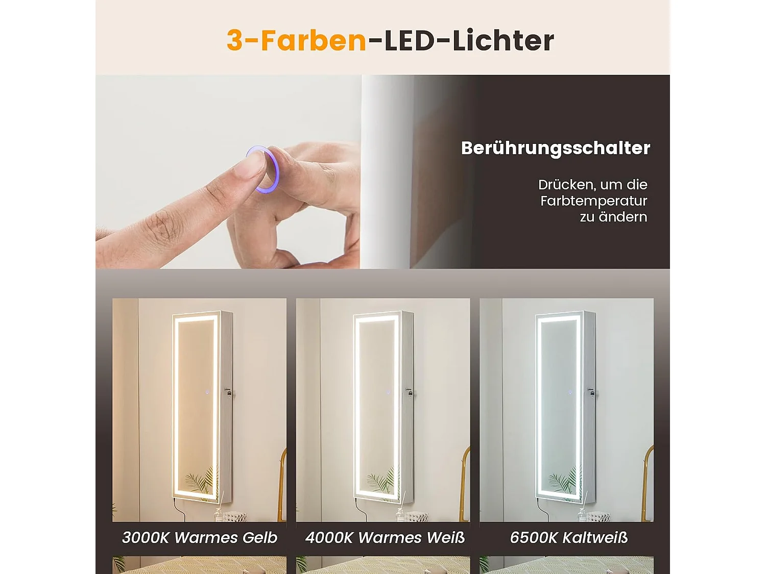 Sieradenkast hangend, spiegelkast afsluitbaar met driekleurige ledverlichting en binnenspiegel, make-upkast wandmontage voor slaapkamer, kleedkamer, witVH33464