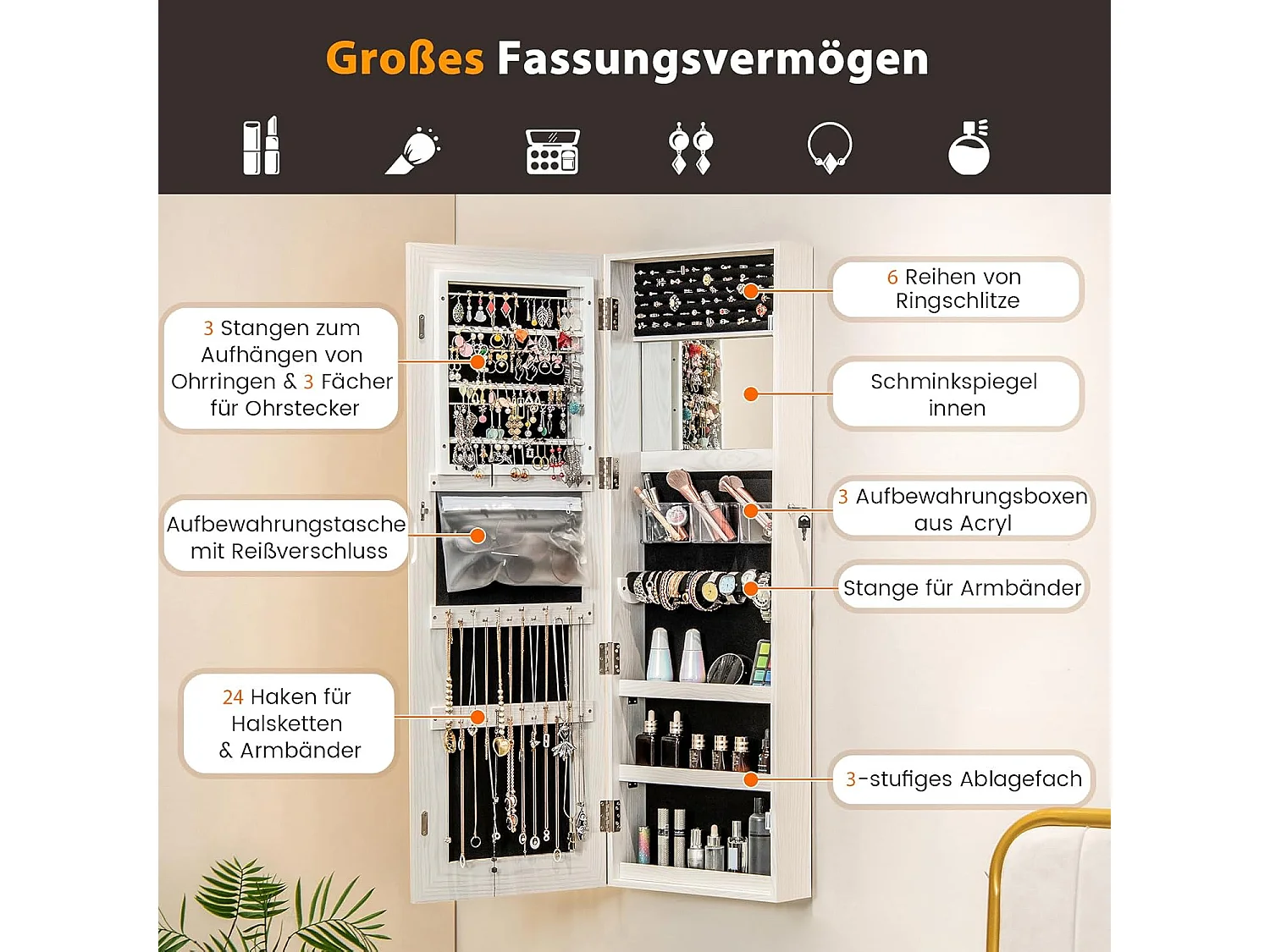 Sieradenkast hangend, spiegelkast afsluitbaar met driekleurige ledverlichting en binnenspiegel, make-upkast wandmontage voor slaapkamer, kleedkamer, witVH33464