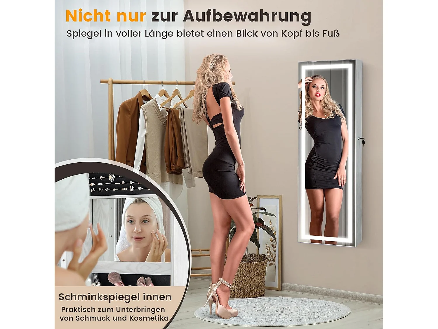 Sieradenkast hangend, spiegelkast afsluitbaar met driekleurige ledverlichting en binnenspiegel, make-upkast wandmontage voor slaapkamer, kleedkamer, witVH33464