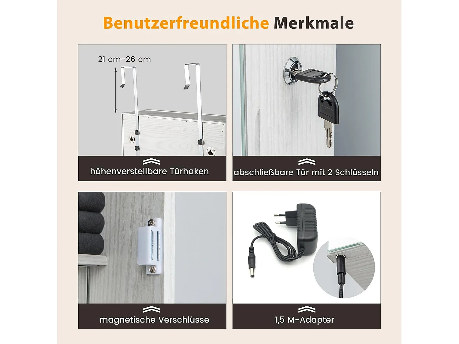 Sieradenkast hangend, spiegelkast afsluitbaar met driekleurige ledverlichting en binnenspiegel, make-upkast wandmontage voor slaapkamer, kleedkamer, witVH33464