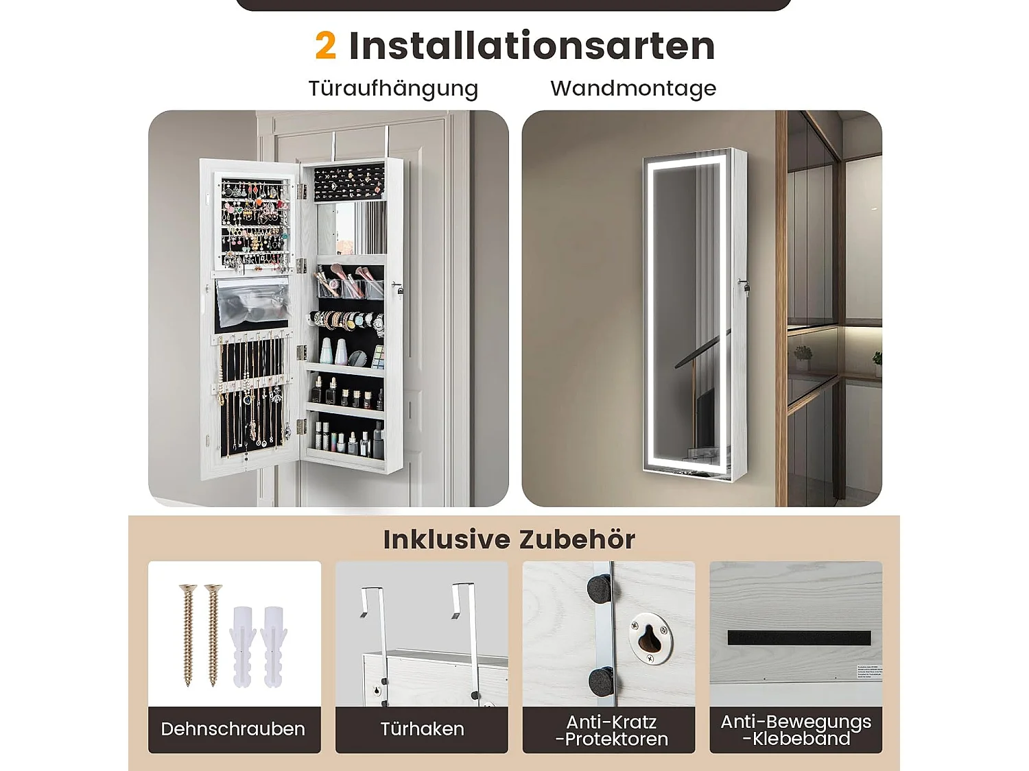 Sieradenkast hangend, spiegelkast afsluitbaar met driekleurige ledverlichting en binnenspiegel, make-upkast wandmontage voor slaapkamer, kleedkamer, witVH33464