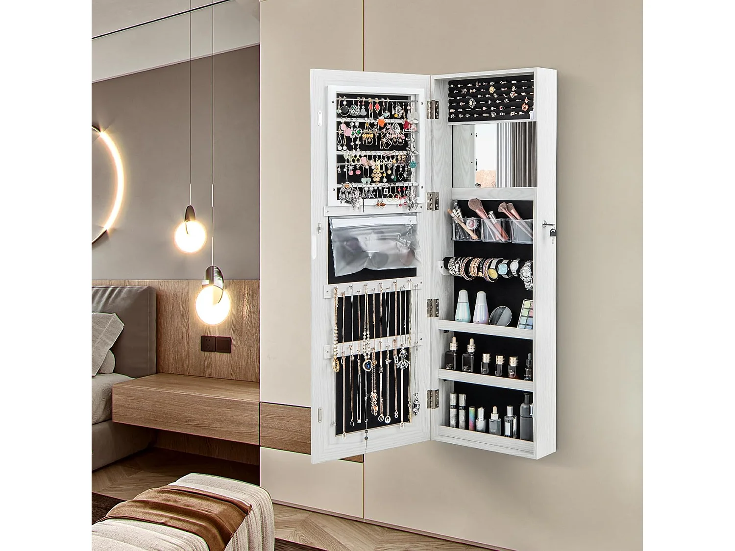 Sieradenkast hangend, spiegelkast afsluitbaar met driekleurige ledverlichting en binnenspiegel, make-upkast wandmontage voor slaapkamer, kleedkamer, witVH33464
