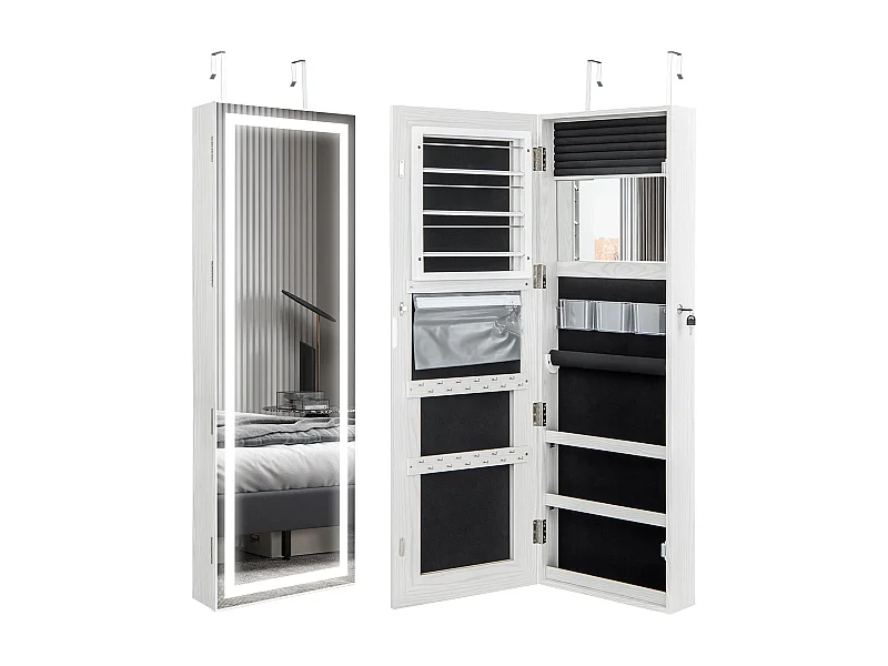 Sieradenkast hangend, spiegelkast afsluitbaar met driekleurige ledverlichting en binnenspiegel, make-upkast wandmontage voor slaapkamer, kleedkamer, witVH33464