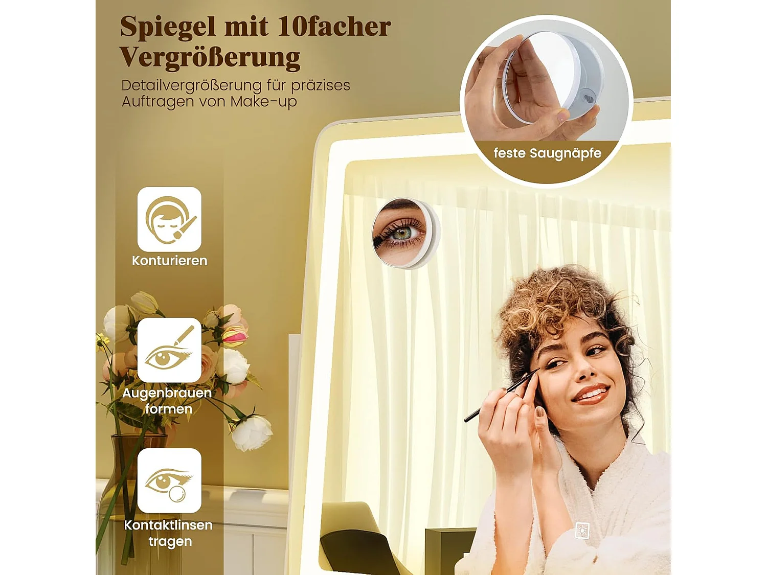 Make-upspiegel met verlichting, grote make-upspiegel met 10x vergroting, 3 lichtkleuren en touch-bediening, 360° draaibare Hollywood-spiegel, tafelspiegelTG32155