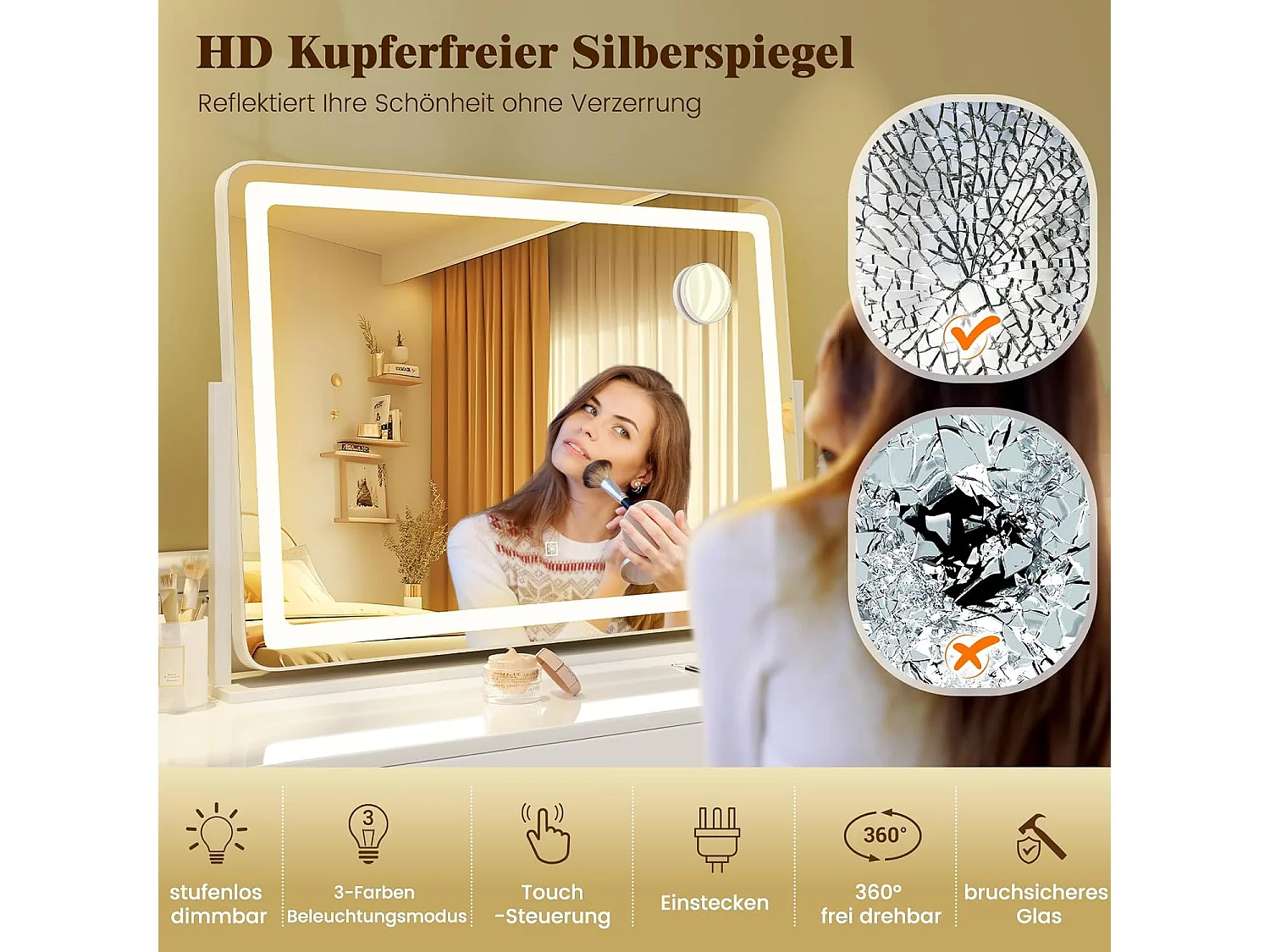 Make-upspiegel met verlichting, grote make-upspiegel met 10x vergroting, 3 lichtkleuren en touch-bediening, 360° draaibare Hollywood-spiegel, tafelspiegelTG32155
