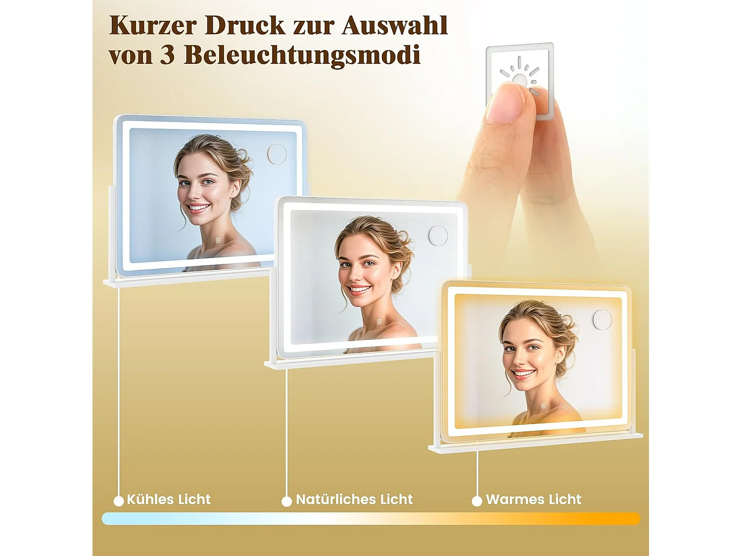 Make-upspiegel met verlichting, grote make-upspiegel met 10x vergroting, 3 lichtkleuren en touch-bediening, 360° draaibare Hollywood-spiegel, tafelspiegelTG32155