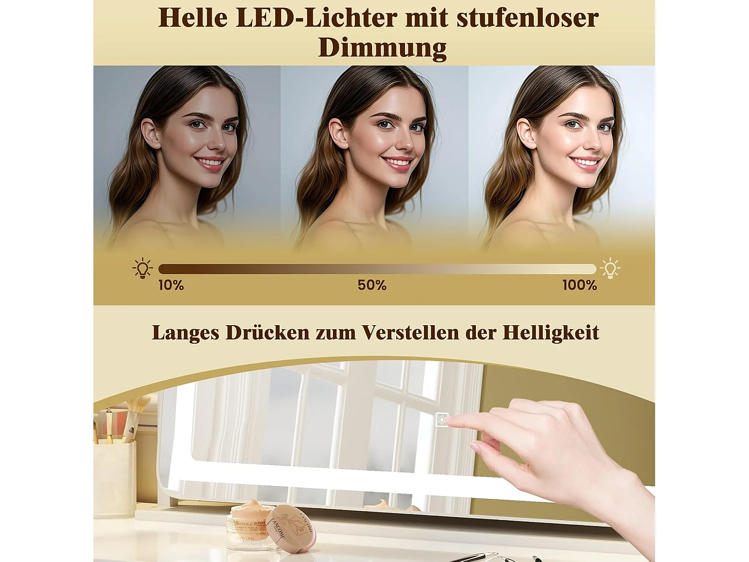 Make-upspiegel met verlichting, grote make-upspiegel met 10x vergroting, 3 lichtkleuren en touch-bediening, 360° draaibare Hollywood-spiegel, tafelspiegelTG32155