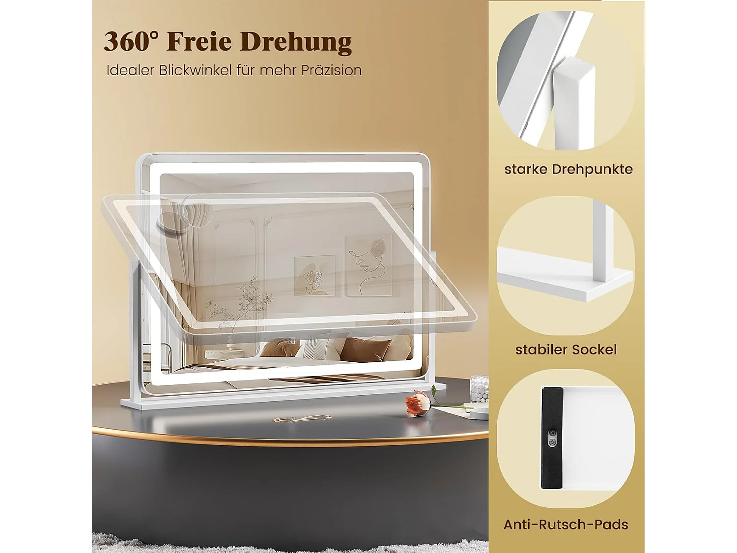 Make-upspiegel met verlichting, grote make-upspiegel met 10x vergroting, 3 lichtkleuren en touch-bediening, 360° draaibare Hollywood-spiegel, tafelspiegelTG32155