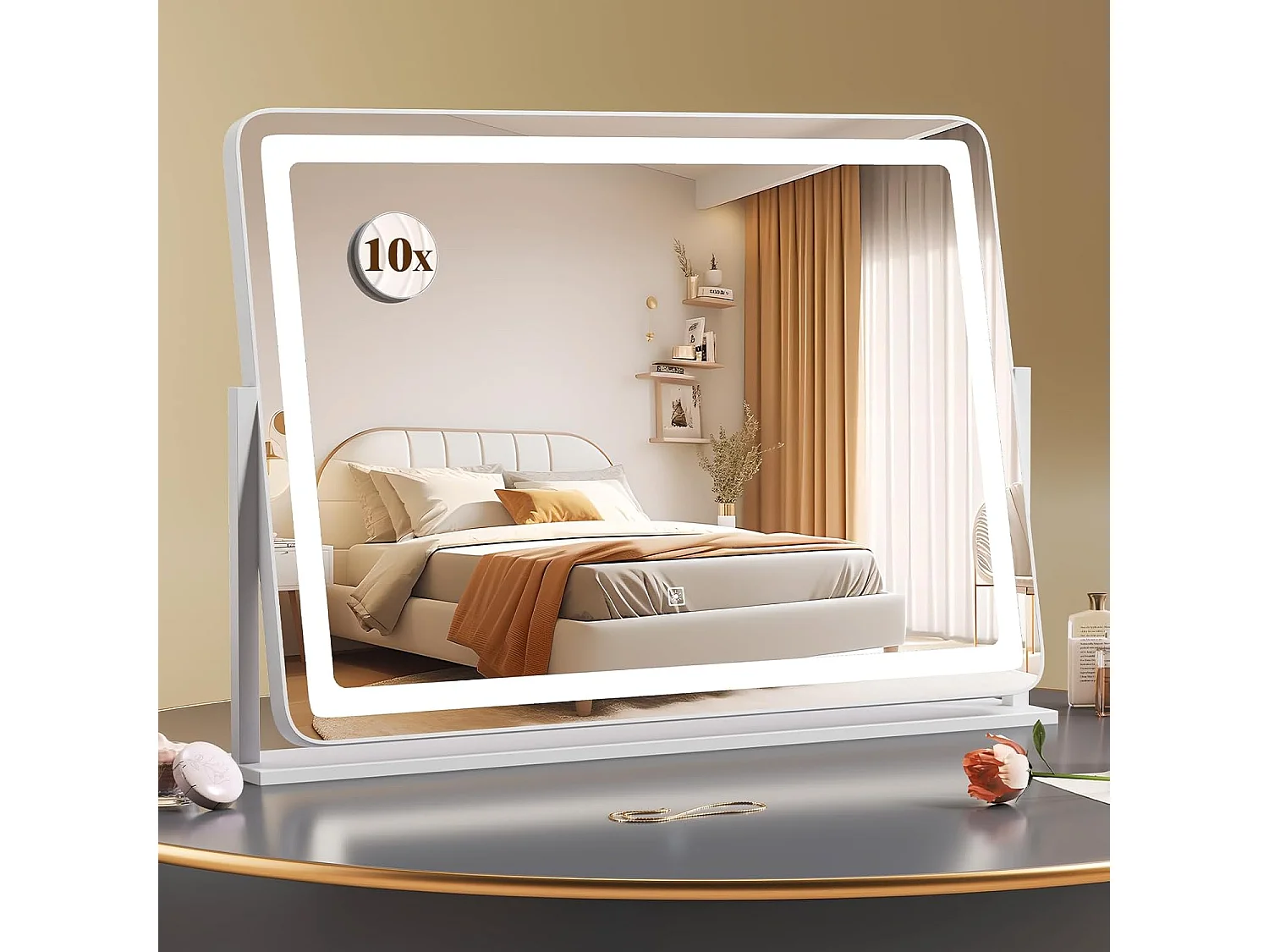 Make-upspiegel met verlichting, grote make-upspiegel met 10x vergroting, 3 lichtkleuren en touch-bediening, 360° draaibare Hollywood-spiegel, tafelspiegelTG32155