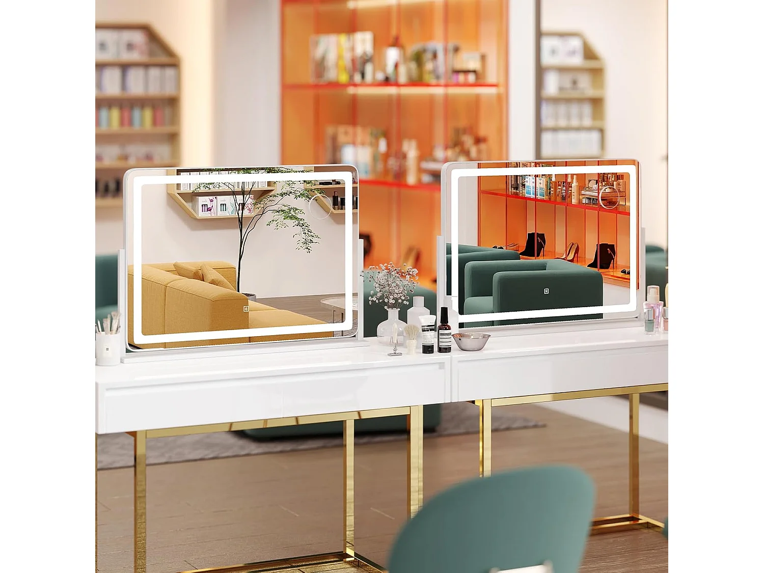 Make-upspiegel met verlichting, grote make-upspiegel met 10x vergroting, 3 lichtkleuren en touch-bediening, 360° draaibare Hollywood-spiegel, tafelspiegelTG32155