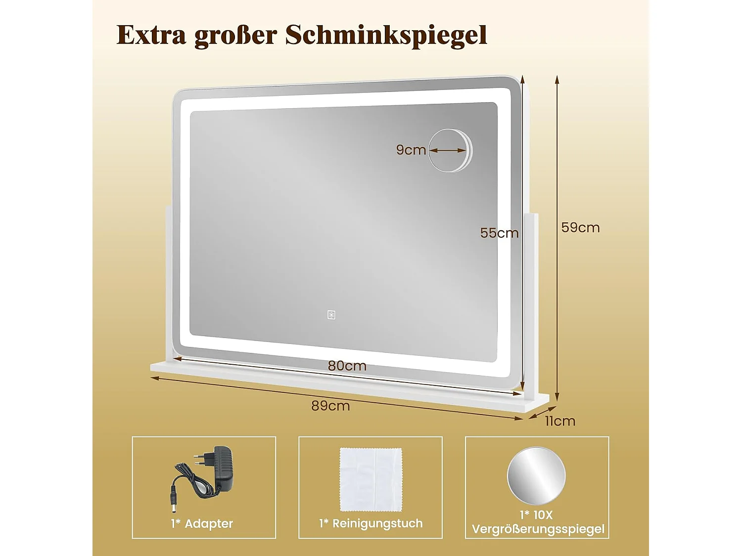 Make-upspiegel met verlichting, grote make-upspiegel met 10x vergroting, 3 lichtkleuren en touch-bediening, 360° draaibare Hollywood-spiegel, tafelspiegelTG32155