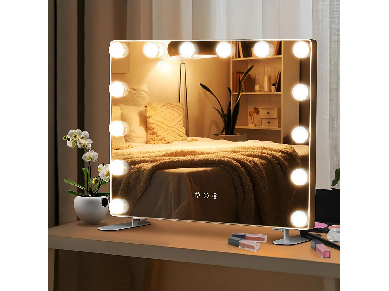 Hollywood Spiegel met 14 dimbare ledlampen,2-in-1 tafelspiegel & wandspiegel met metalen standaard,cosmeticaspiegel met smart touch-bedieningTG32123