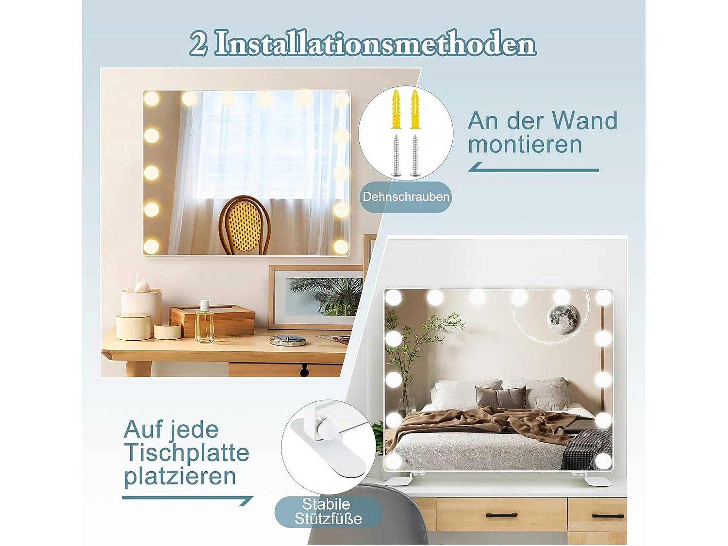 Hollywood Spiegel met 14 dimbare ledlampen,2-in-1 tafelspiegel & wandspiegel met metalen standaard,cosmeticaspiegel met smart touch-bedieningTG32123
