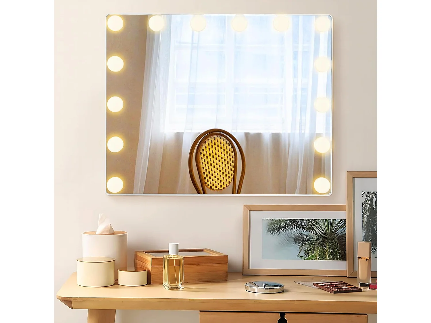 Hollywood Spiegel met 14 dimbare ledlampen,2-in-1 tafelspiegel & wandspiegel met metalen standaard,cosmeticaspiegel met smart touch-bedieningTG32123