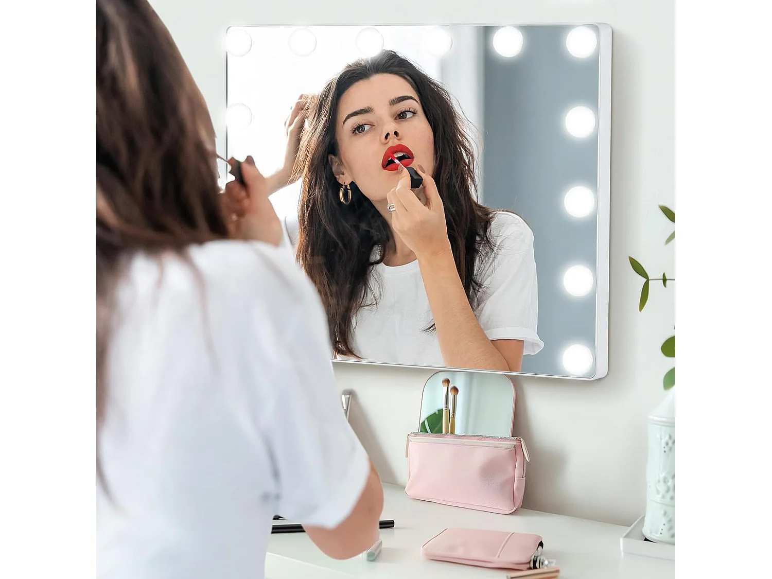 Hollywood Spiegel met 14 dimbare ledlampen,2-in-1 tafelspiegel & wandspiegel met metalen standaard,cosmeticaspiegel met smart touch-bedieningTG32123