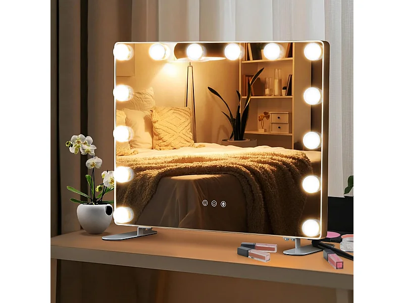 Hollywood Spiegel met 14 dimbare ledlampen,2-in-1 tafelspiegel & wandspiegel met metalen standaard,cosmeticaspiegel met smart touch-bedieningTG32123
