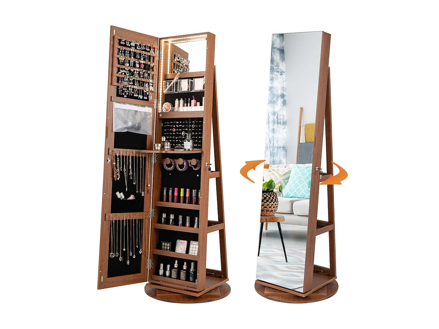 Sieradenkast met led, spiegelkast, 360 graden draaibaar, met frameloze full-body spiegel, sieradenorganizer afsluitbaar, sieradenopslag (bruin)VH32652