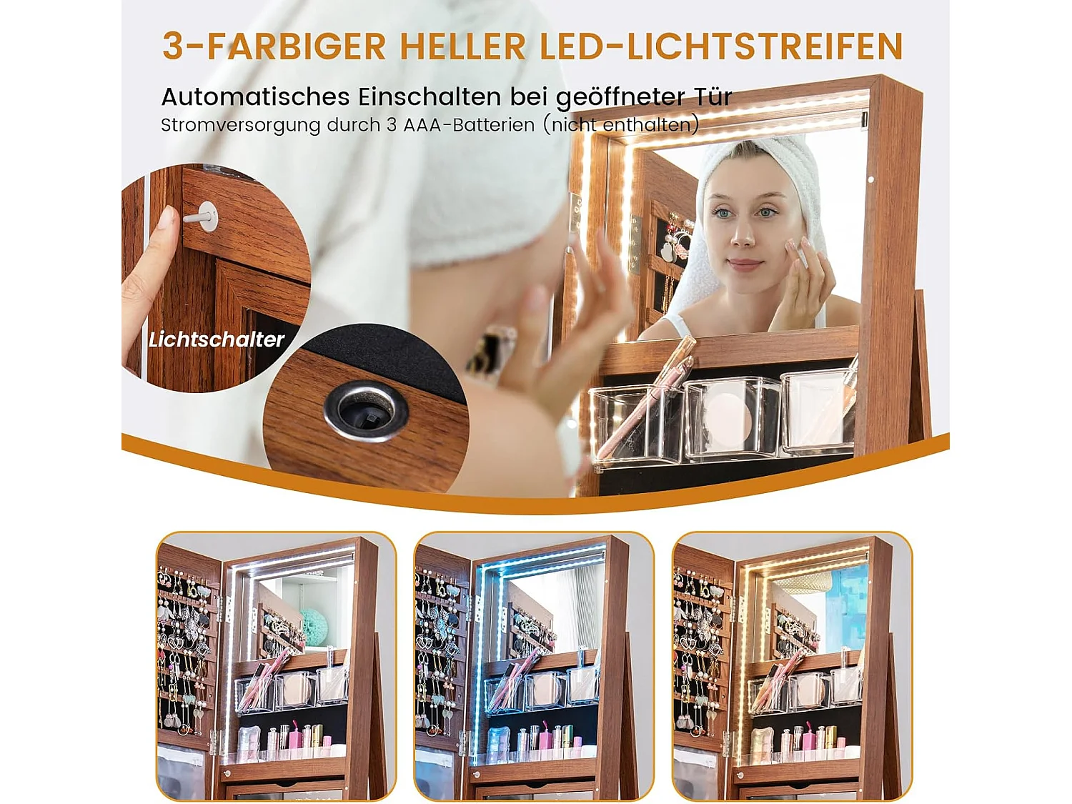 Sieradenkast met led, spiegelkast, 360 graden draaibaar, met frameloze full-body spiegel, sieradenorganizer afsluitbaar, sieradenopslag (bruin)VH32652