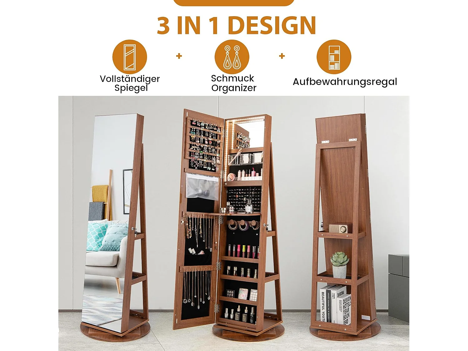 Sieradenkast met led, spiegelkast, 360 graden draaibaar, met frameloze full-body spiegel, sieradenorganizer afsluitbaar, sieradenopslag (bruin)VH32652