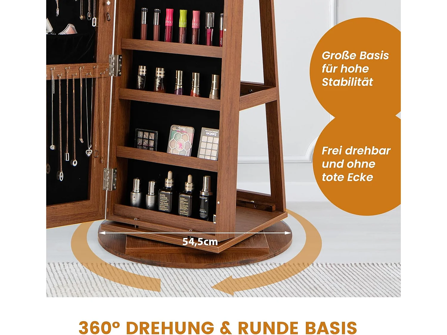 Sieradenkast met led, spiegelkast, 360 graden draaibaar, met frameloze full-body spiegel, sieradenorganizer afsluitbaar, sieradenopslag (bruin)VH32652