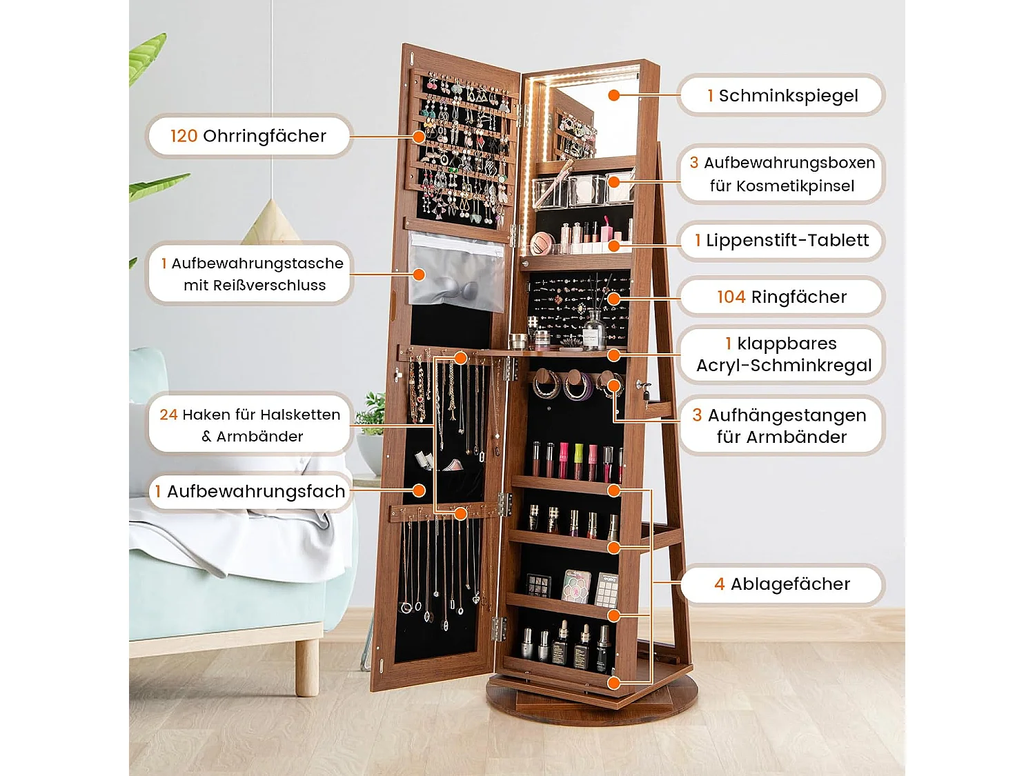 Sieradenkast met led, spiegelkast, 360 graden draaibaar, met frameloze full-body spiegel, sieradenorganizer afsluitbaar, sieradenopslag (bruin)VH32652